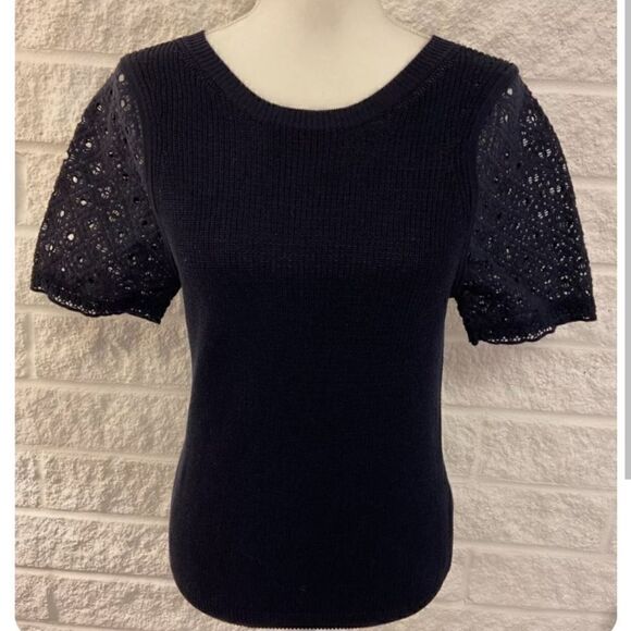 Banana Republic Eyelet Short Sleeved Ribbed Sweater Navy Sz  XSMALL Cotton - Picture 2 of 9